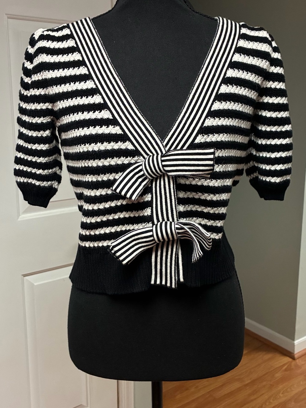 Anthropologie Maeve Striped Short Sleeve Bow Cardigan Sweater XS⁠